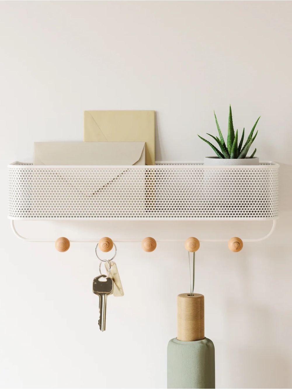 NWT Umbra White Entryway Wall Shelf with Natural Wood Peg Hooks